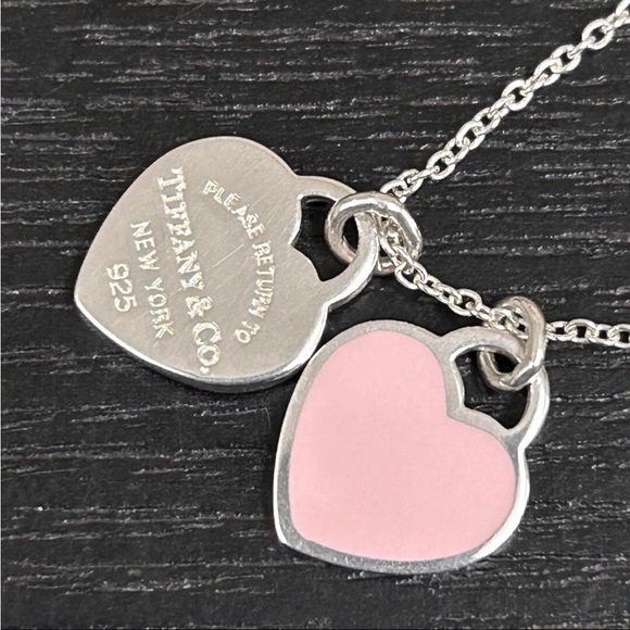 Tiffany & Co 💯% Auth Pink Mini Double Heart 925 Silver Necklace✨w/pouch✨EUC✨ - Picture 3 of 7